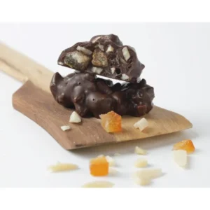 Roquitas semiamargo con almendras y naranjas confitadas